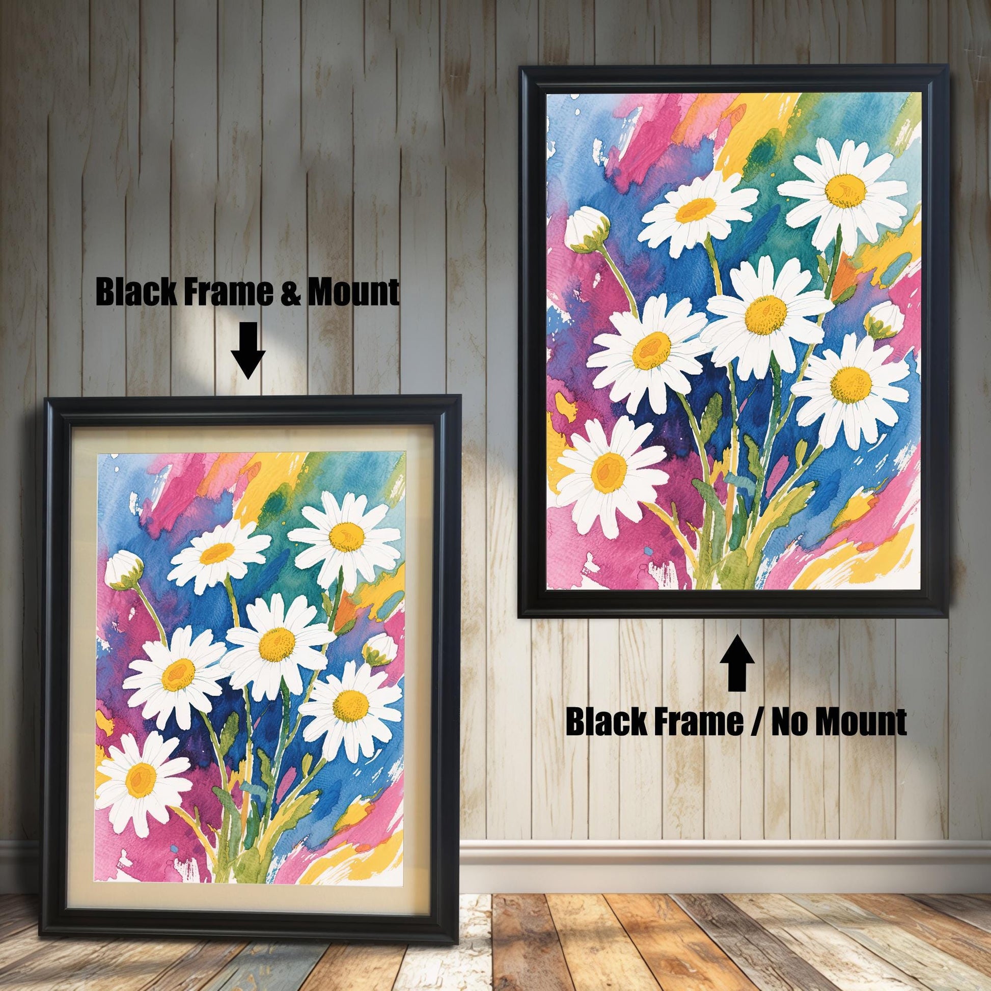 A side-by-side comparison of two framed daisy prints. The one on the left has a black frame and a cream-colored mat. The one on the right has a black frame with no mat.
