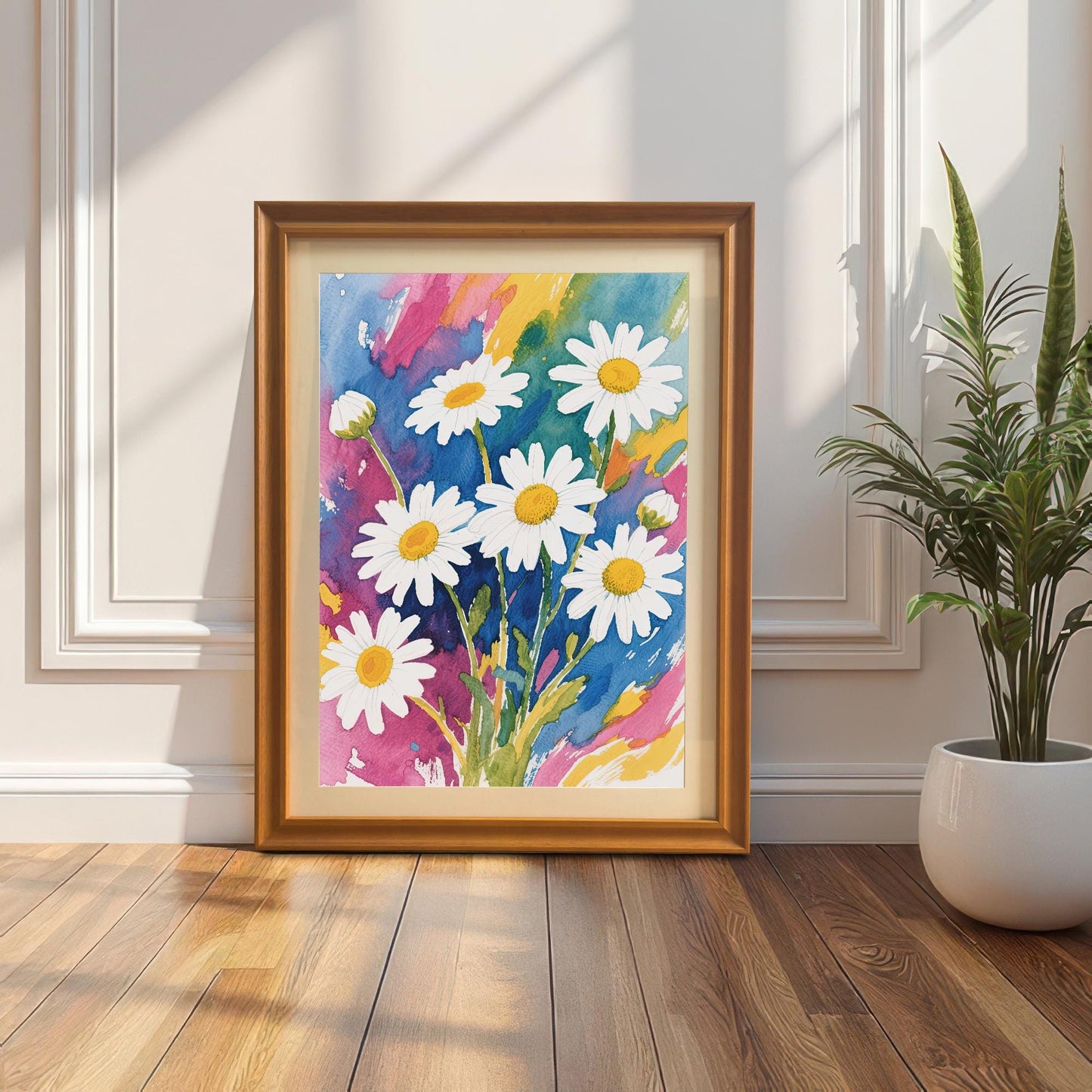 A framed watercolor print with an orange-colored frame leaning against a white wall next to a potted snake plant.