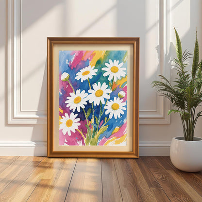 A framed watercolor print with an orange-colored frame leaning against a white wall next to a potted snake plant.