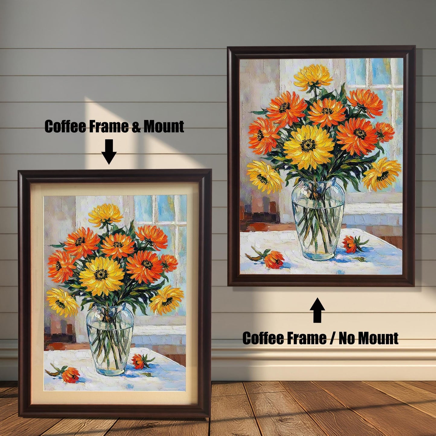 A side-by-side comparison of two framed flower prints. The one on the left has a coffee-colored frame and a mat. The one on the right has a coffee-colored frame with no mat.