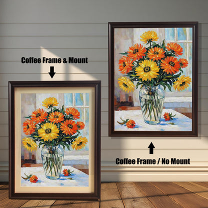 A side-by-side comparison of two framed flower prints. The one on the left has a coffee-colored frame and a mat. The one on the right has a coffee-colored frame with no mat.