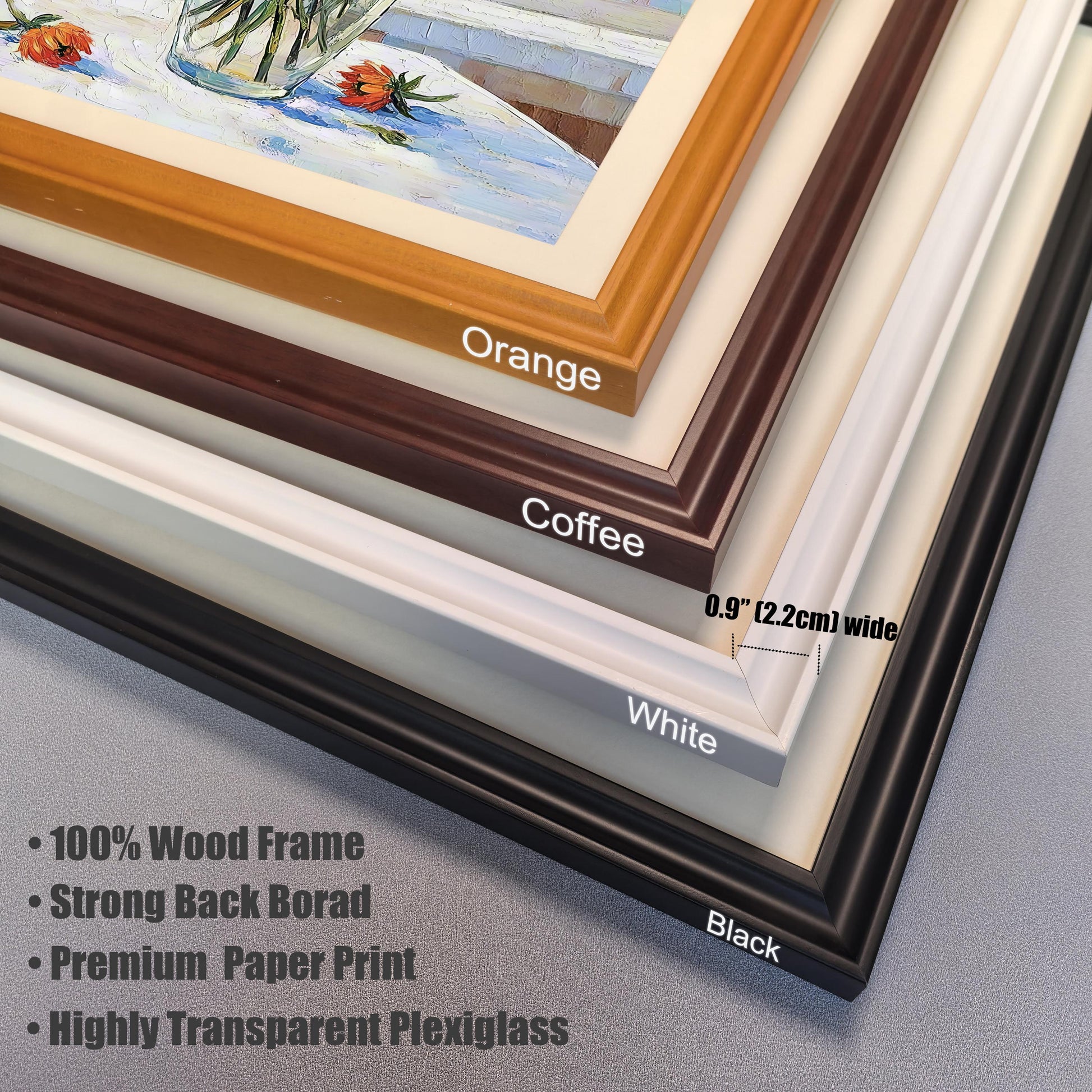 A close-up view of the four frame color options—Orange, Coffee, White, and Black—stacked on top of each other, with details on material and dimensions.