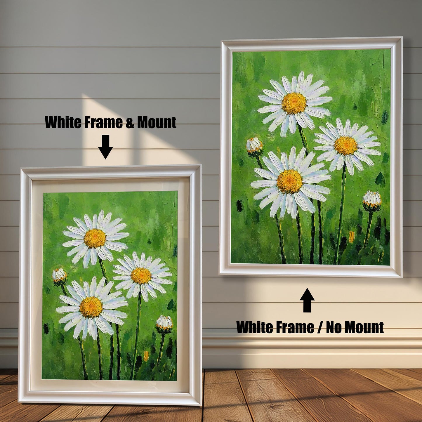A side-by-side comparison of two framed daisy prints. The one on the left has a white frame and a cream-colored mat. The one on the right has a white frame with no mat.