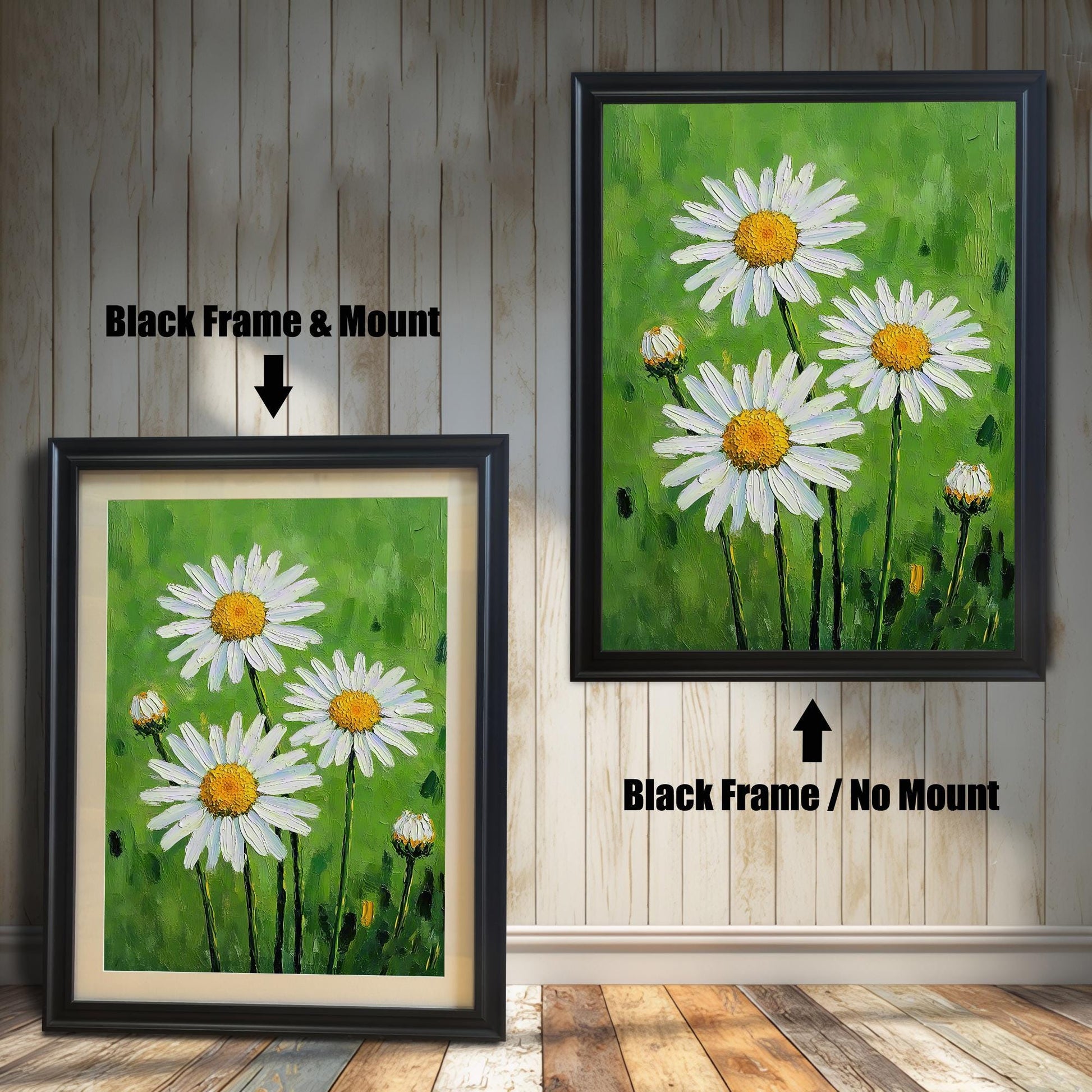 A side-by-side comparison of two framed daisy prints. The one on the left has a black frame and a cream-colored mat. The one on the right has a black frame with no mat.