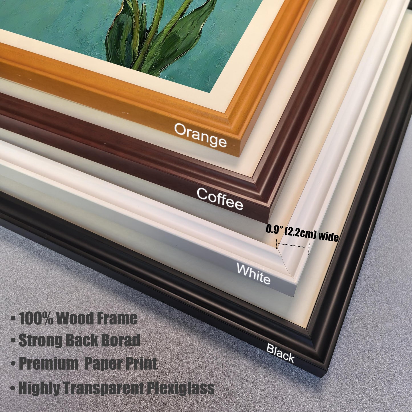 A close-up, angled view of four different frame corners stacked on top of each other. The frames are colored orange, coffee, white, and black, and the materials are listed.