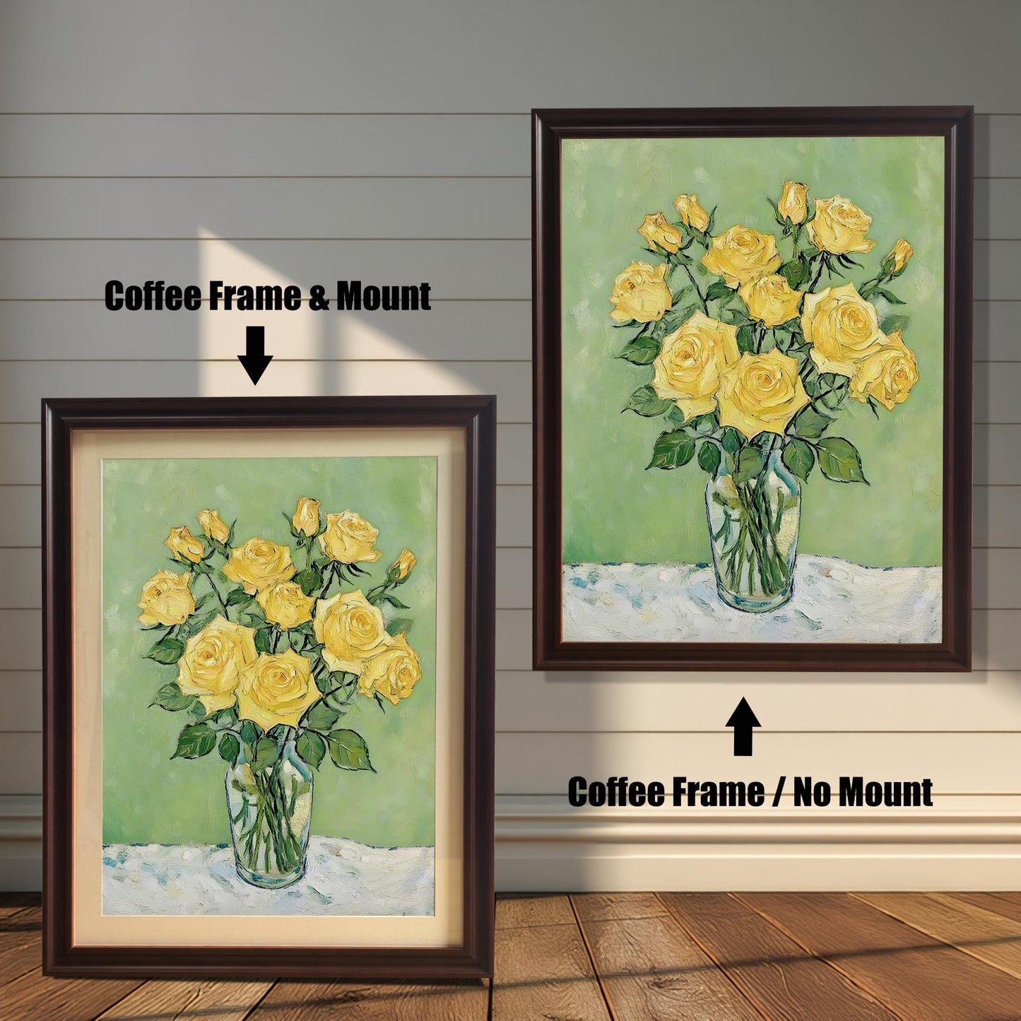 A coffee-brown-framed art print of yellow roses is shown in two versions: one on the left with a mount (mat) and one on the right without a mount.