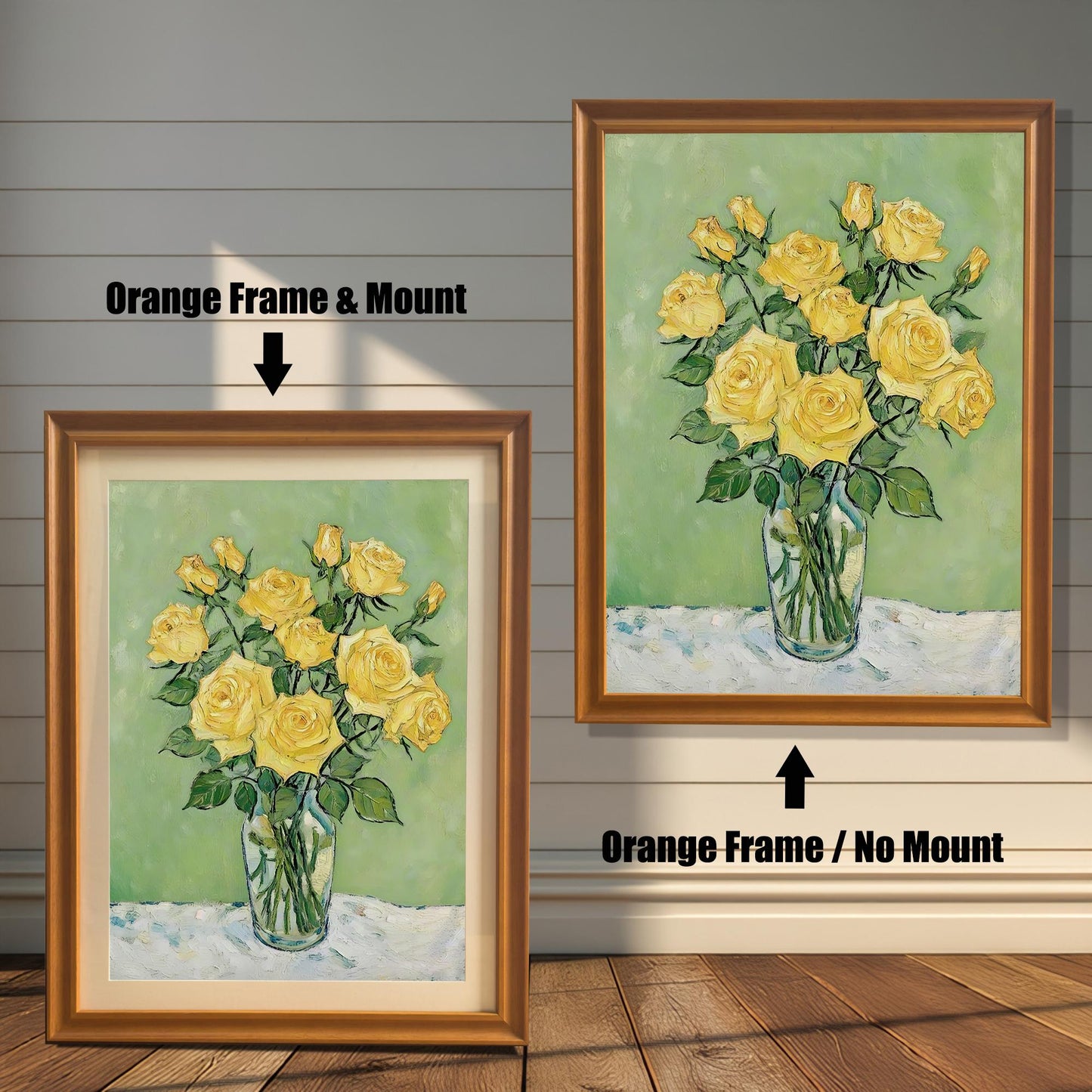 An orange-brown-framed art print of yellow roses is shown in two versions: one on the left with a mount (mat) and one on the right without a mount.