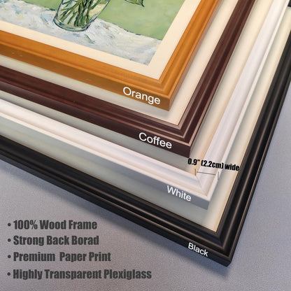 A close-up shows the corners of four different frames in various colors: orange, coffee-brown, white, and black. Text lists frame materials and features.