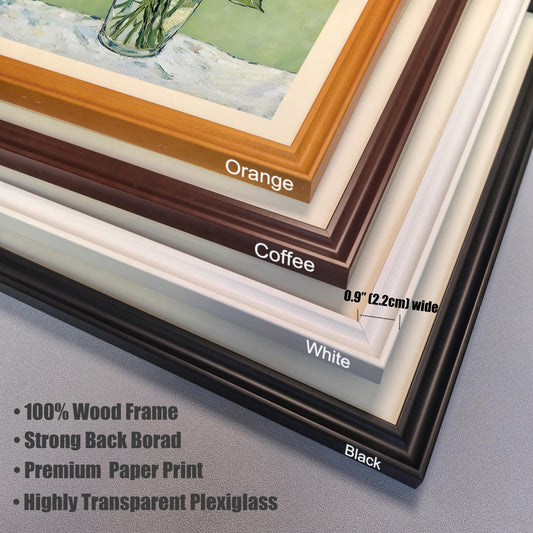 A close-up shows the corners of four different frames in various colors: orange, coffee-brown, white, and black. Text lists frame materials and features.