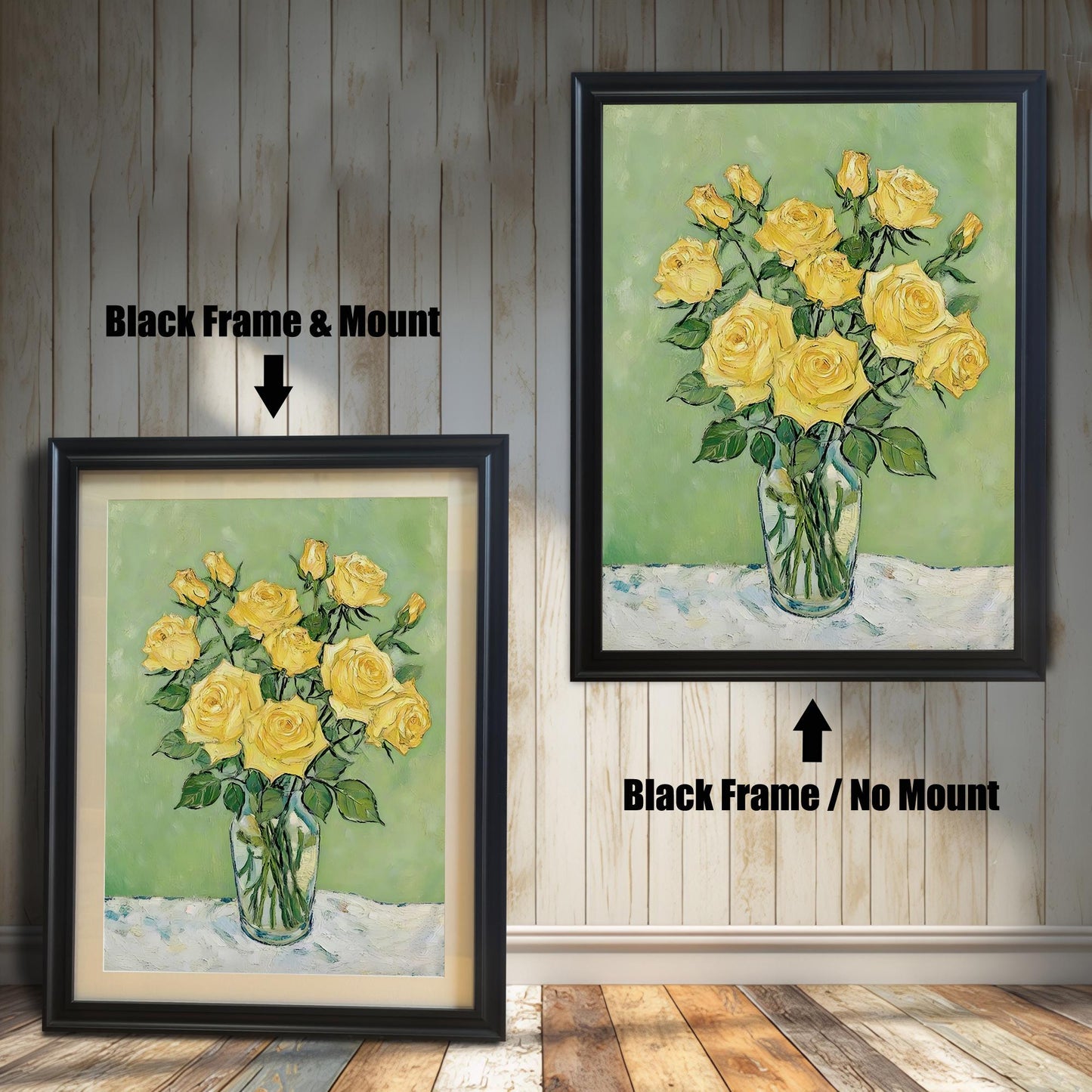 A black-framed art print of yellow roses is shown in two versions: one on the left with a mount (mat) and one on the right without a mount.