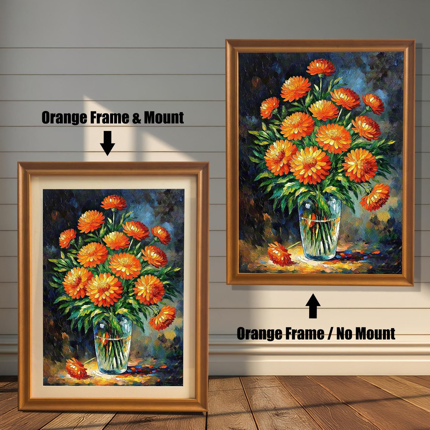 An orange-brown-framed art print of orange flowers is shown in two versions: one on the left with a mount (mat) and one on the right without a mount.