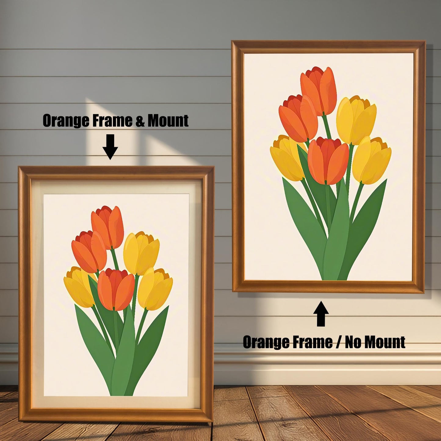 An orange-brown-framed art print of orange and yellow tulips is shown in two versions: one with a mount (mat) on the left and one without a mount on the right.