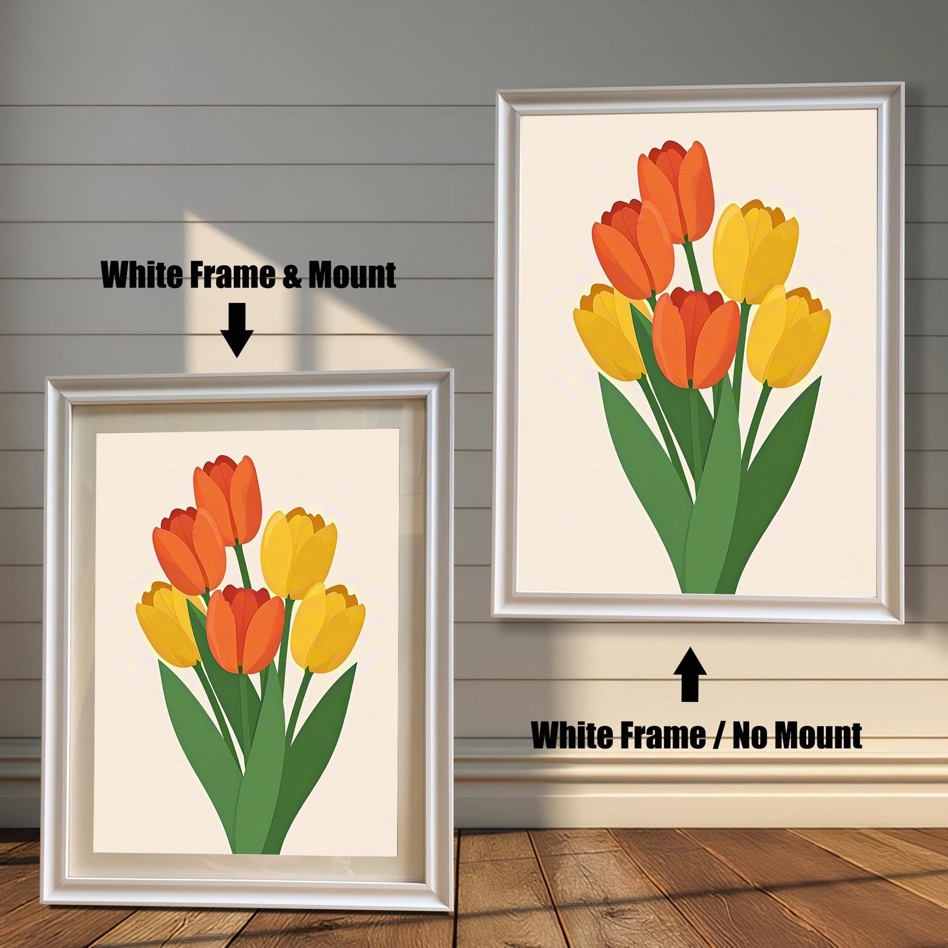A white-framed art print of orange and yellow tulips is shown in two versions: one with a mount (mat) on the left and one without a mount on the right.