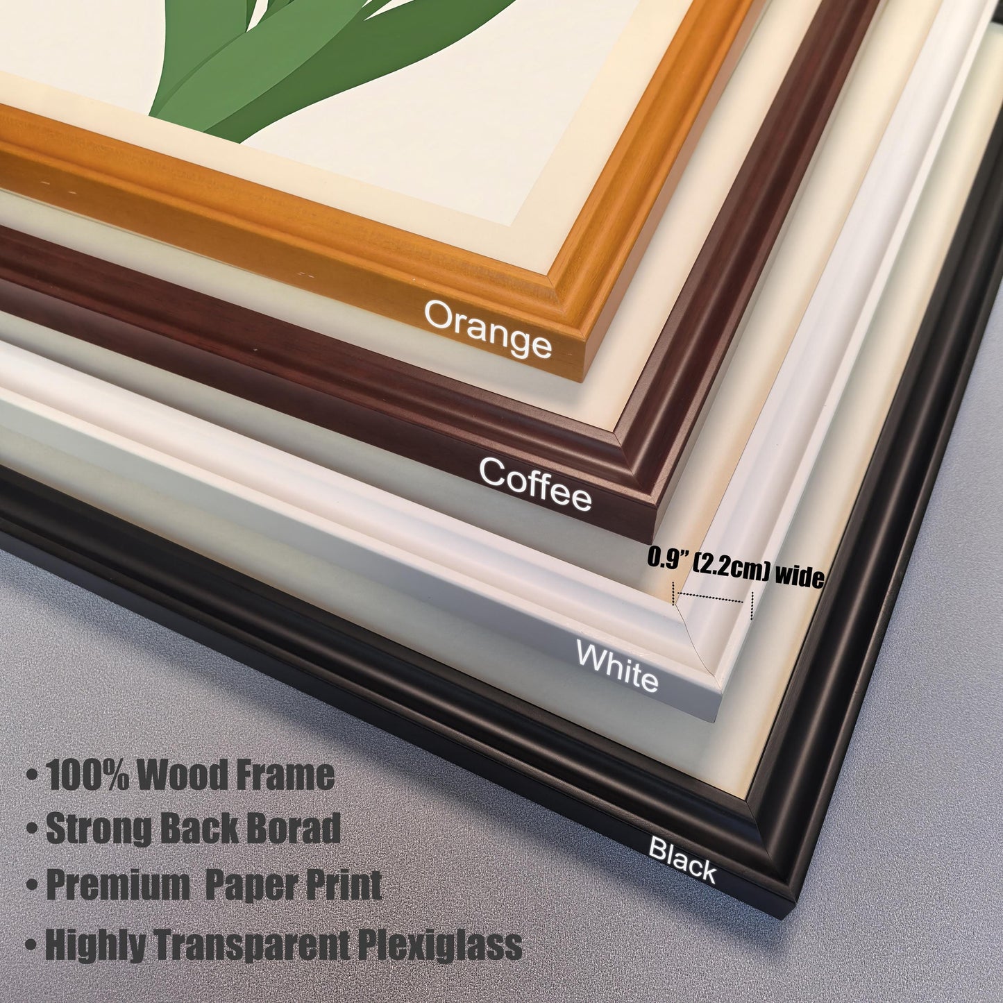 A close-up shows the corners of four different frames in various colors: orange, coffee-brown, white, and black. Text lists frame materials and features.