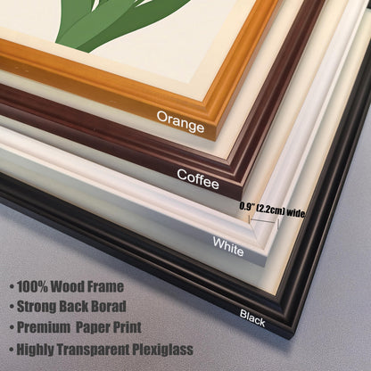 A close-up shows the corners of four different frames in various colors: orange, coffee-brown, white, and black. Text lists frame materials and features.