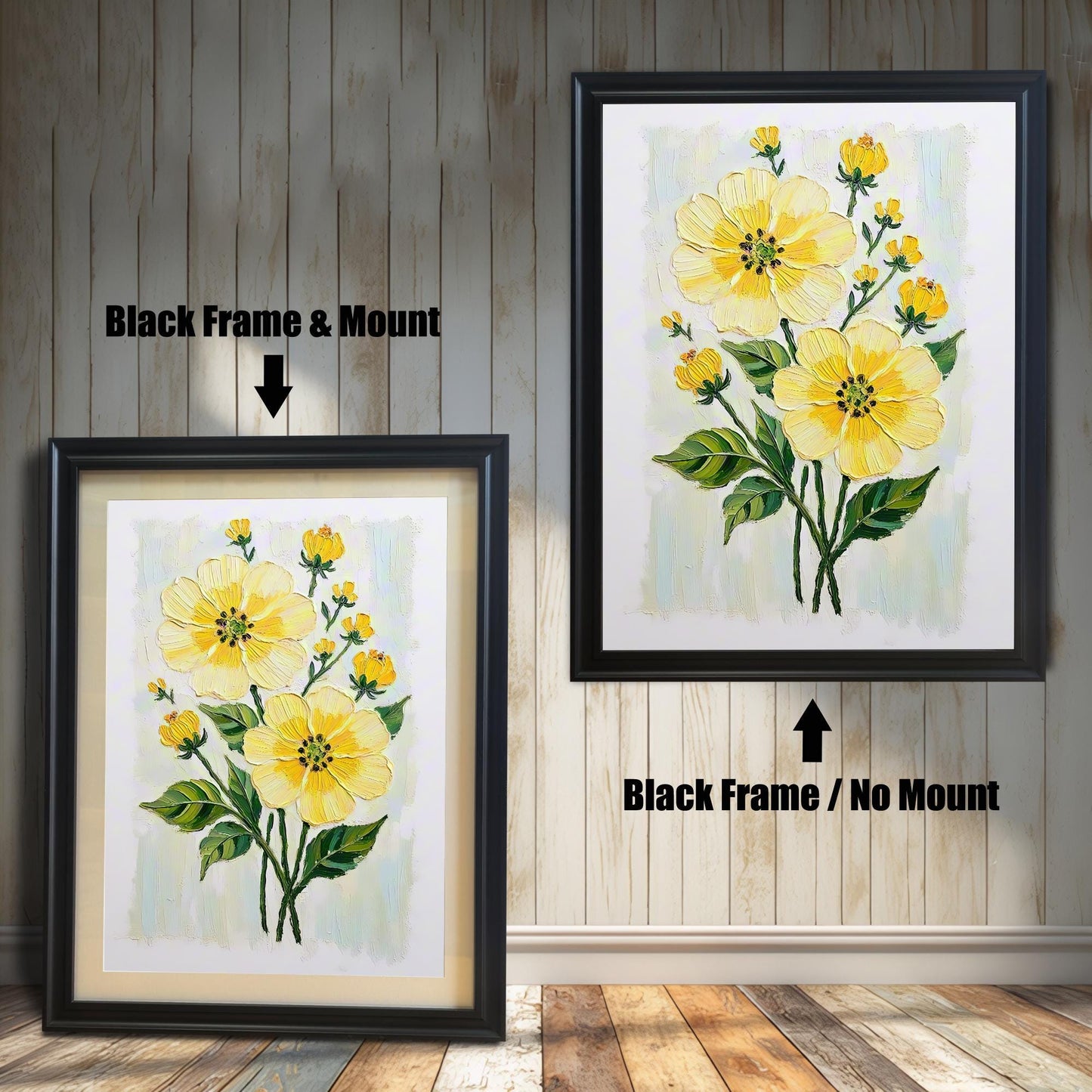 A black-framed art print of yellow flowers is shown in two versions: one on the left with a mount (mat) and one on the right without a mount.