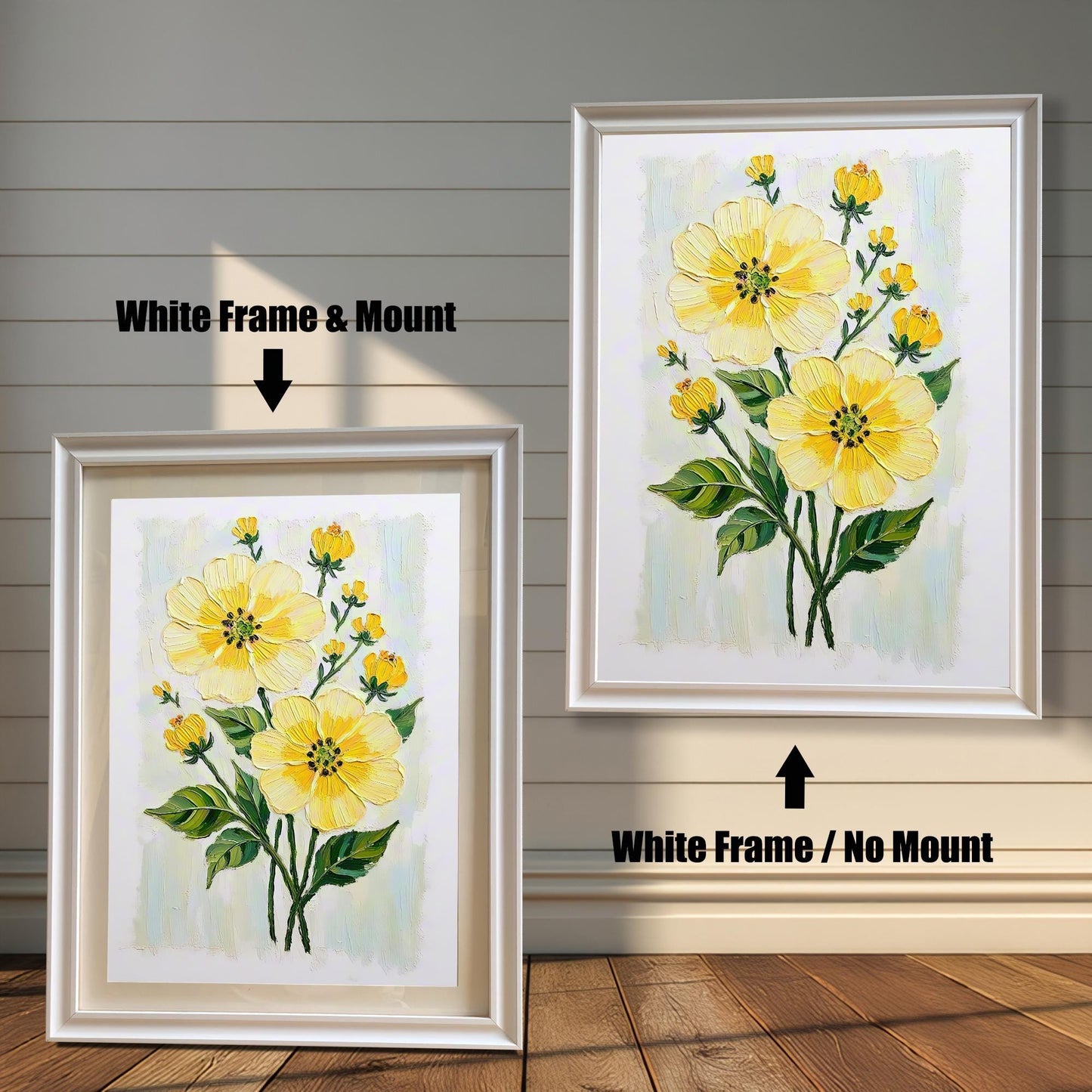 A white-framed art print of yellow flowers is shown in two versions: one on the left with a mount (mat) and one on the right without a mount.