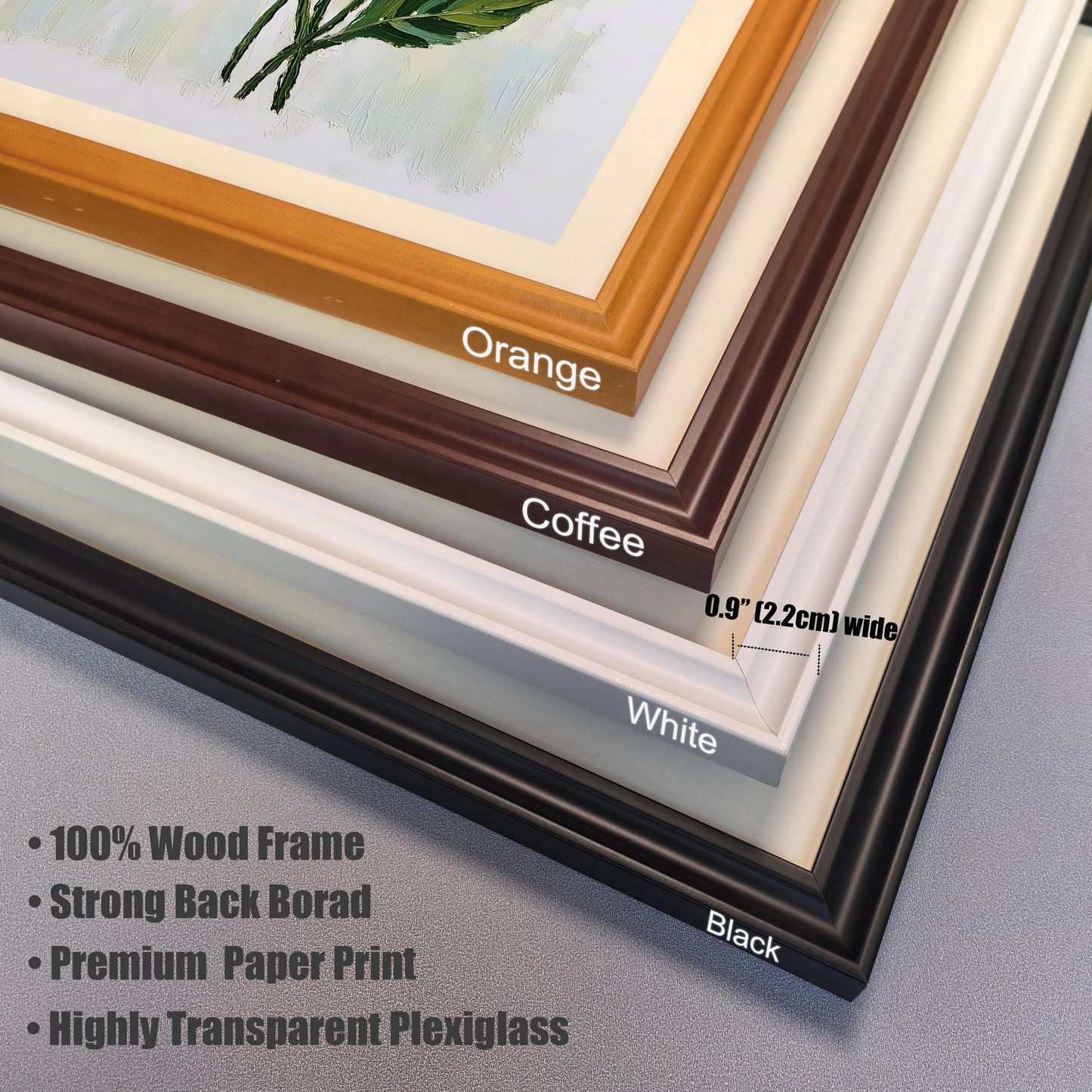 A close-up shows the corners of four different frames in various colors: orange, coffee-brown, white, and black. Text lists frame materials and features.
