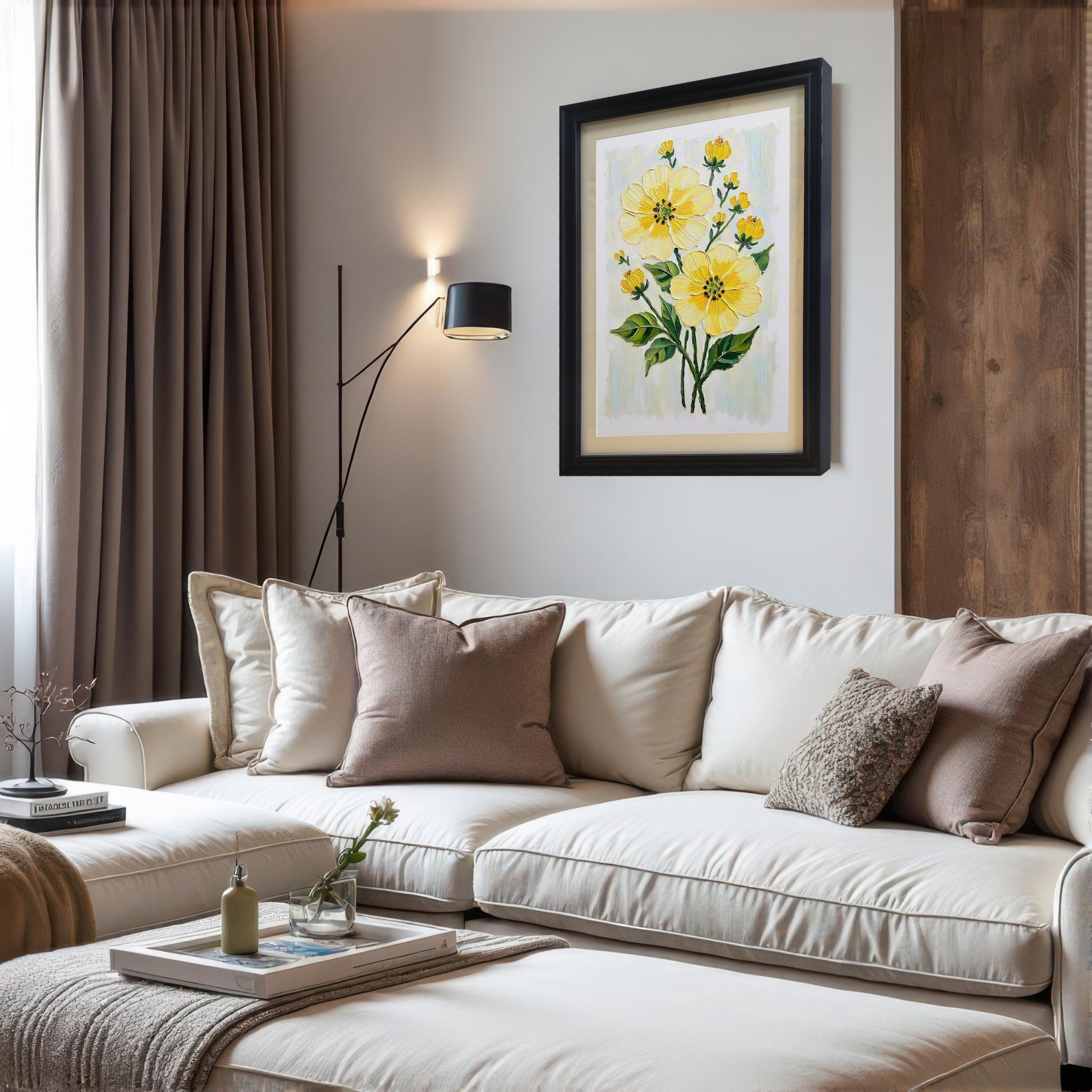 A living room scene with a white sectional sofa and a large, black-framed art print of yellow flowers hanging on a light gray wall.