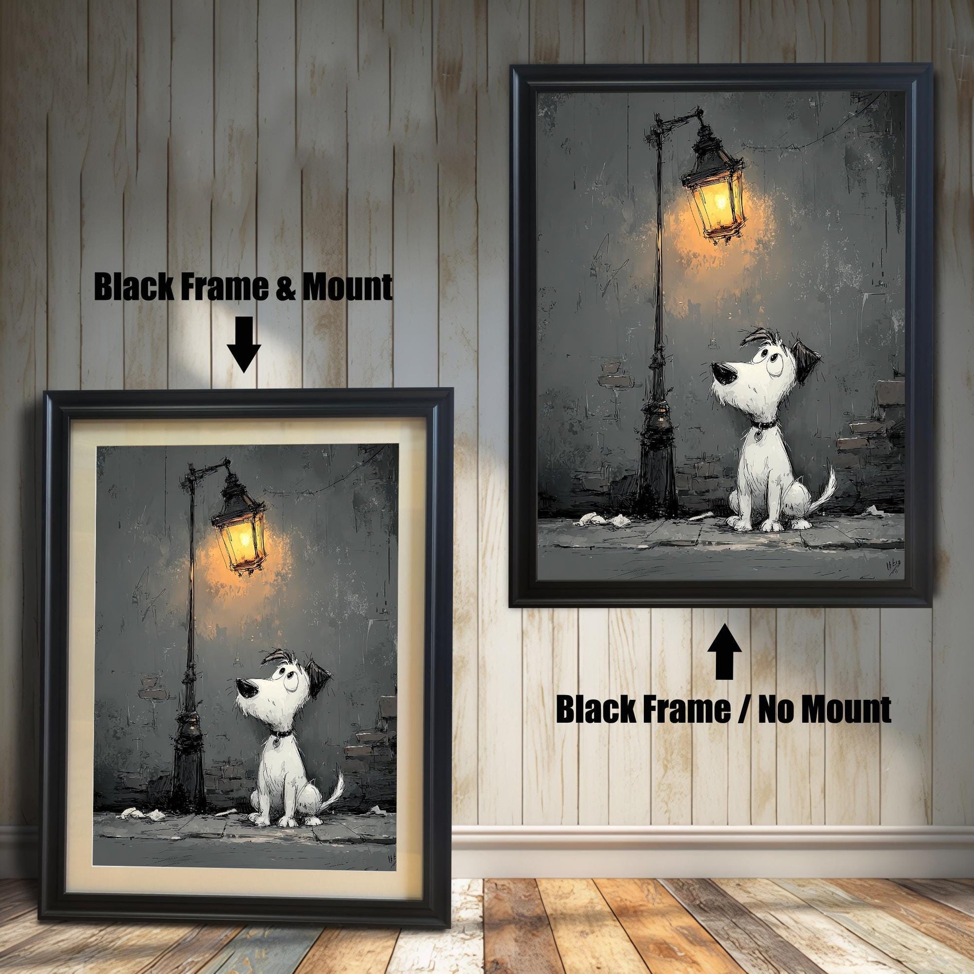 A side-by-side comparison of a cartoon-style dog painting. On the left, it's in a black frame with a white mount. On the right, it's in a black frame without a mount.