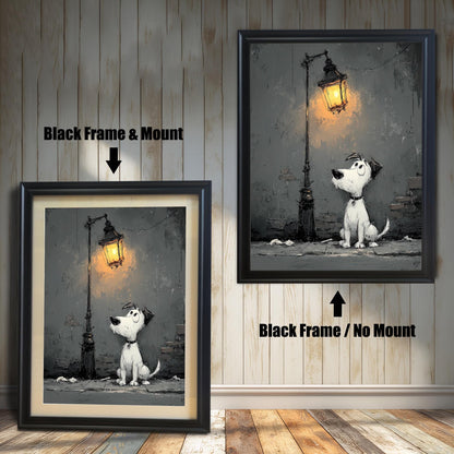 A side-by-side comparison of a cartoon-style dog painting. On the left, it's in a black frame with a white mount. On the right, it's in a black frame without a mount.
