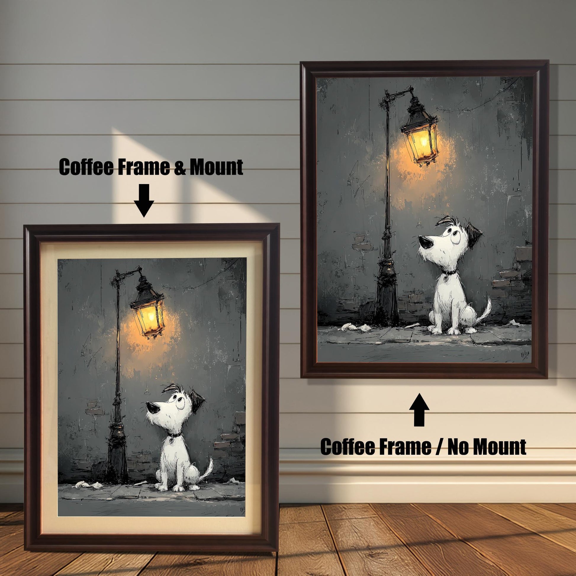 A side-by-side comparison of a cartoon-style dog painting. On the left, it's in a dark brown, "coffee" colored frame with a mount. On the right, it's in the same frame without a mount.