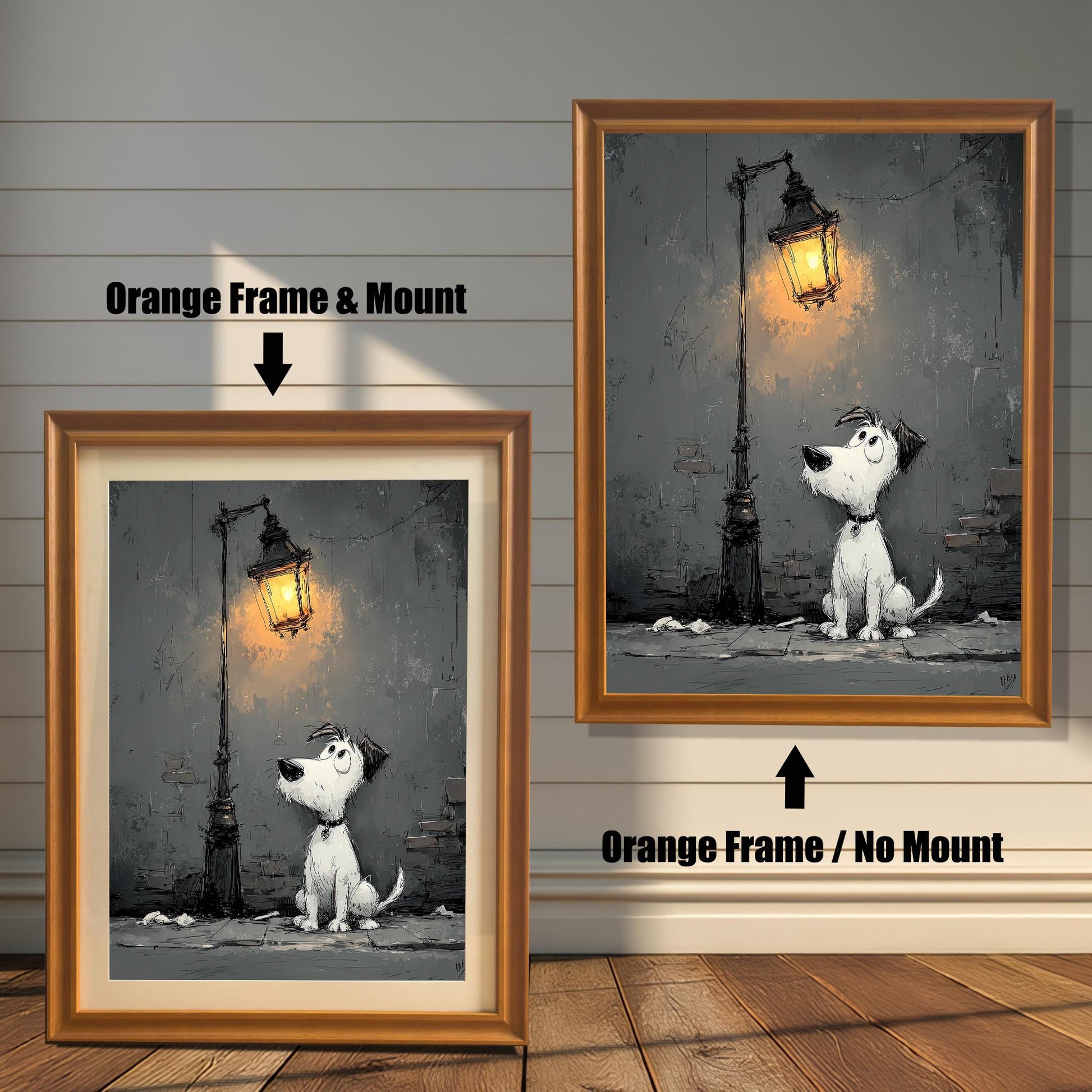 A side-by-side comparison of a cartoon-style dog painting. On the left, it's in a light brown, "orange" colored frame with a mount. On the right, it's in the same frame without a mount.