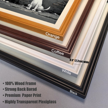 A close-up, angled view showing a stack of four different frame color options: orange, coffee (dark brown), white, and black.