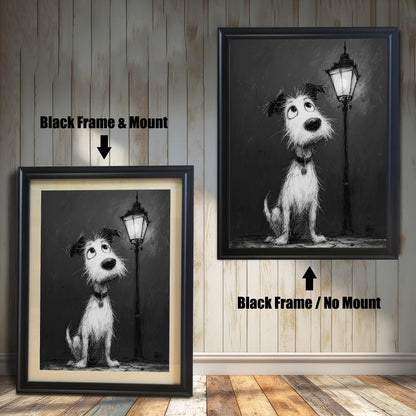 A side-by-side comparison of a cartoon-style dog painting. On the left, it's in a black frame with a white mount. On the right, it's in a black frame without a mount.