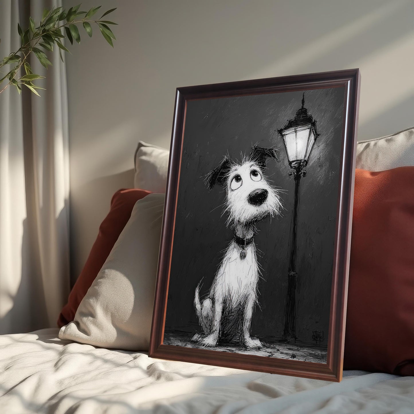A framed black and white cartoon-style painting of a dog leaning against pillows on a bed. The frame is a dark brown, "coffee" color.