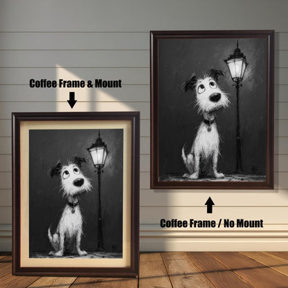 A side-by-side comparison of a black and white cartoon-style dog painting. On the left, it's in a dark brown, "coffee" colored frame with a mount. On the right, it's in the same frame without a mount.