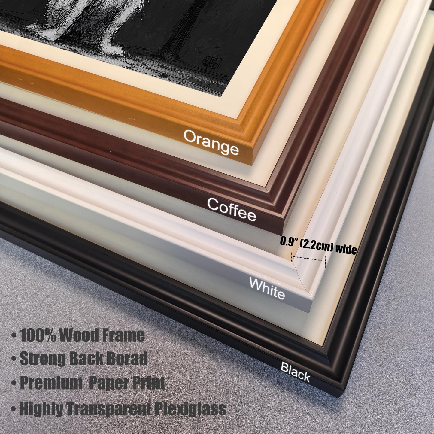 A close-up, angled view showing a stack of four different frame color options: orange, coffee (dark brown), white, and black.