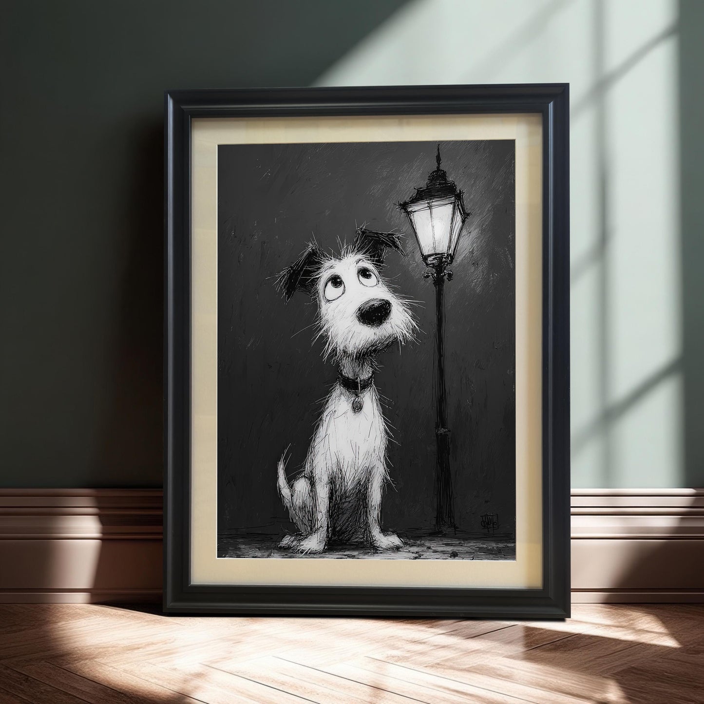 A black and white cartoon-style painting of a fluffy dog looking up at a street lamp. The framed art piece is leaning on a dark green wall and baseboard.