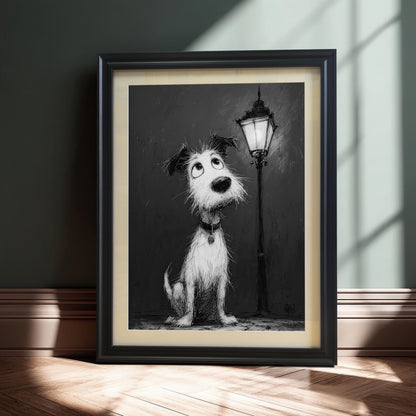 A black and white cartoon-style painting of a fluffy dog looking up at a street lamp. The framed art piece is leaning on a dark green wall and baseboard.