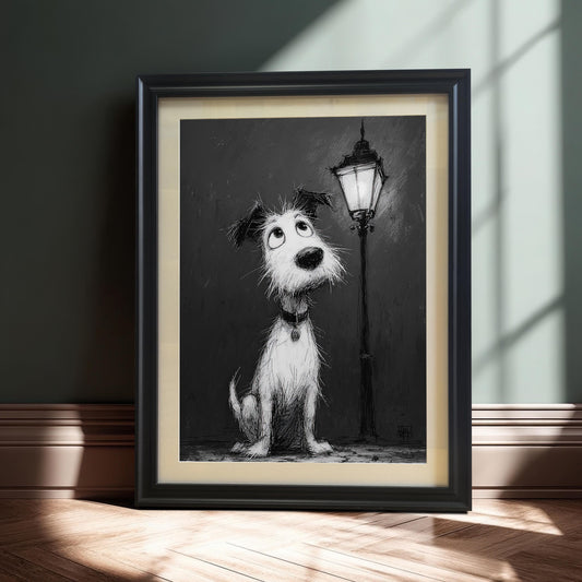 A black and white cartoon-style painting of a fluffy dog looking up at a street lamp. The framed art piece is leaning on a dark green wall and baseboard.