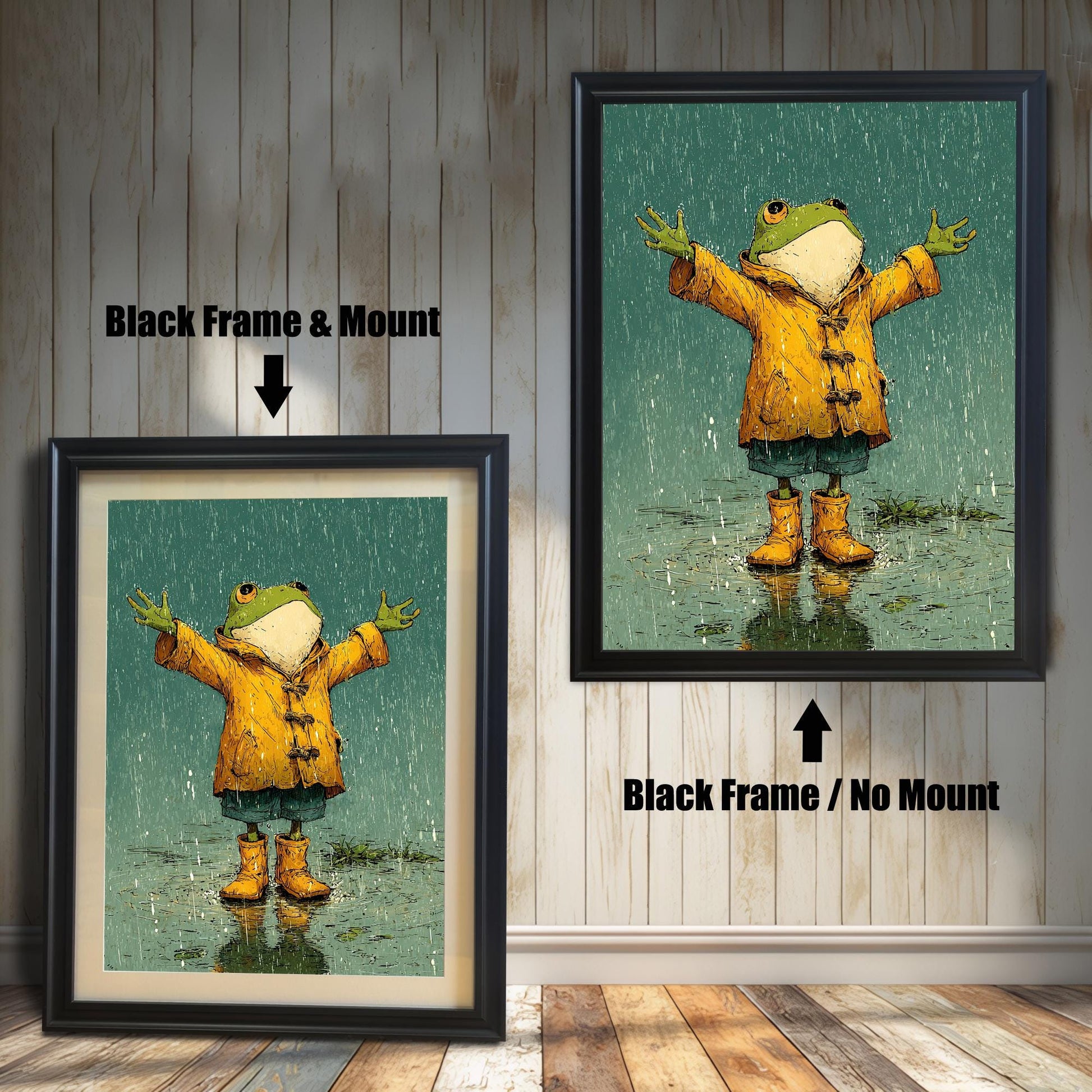 A side-by-side comparison of a cartoon-style frog painting. On the left, it's in a black frame with a white mount. On the right, it's in a black frame without a mount.