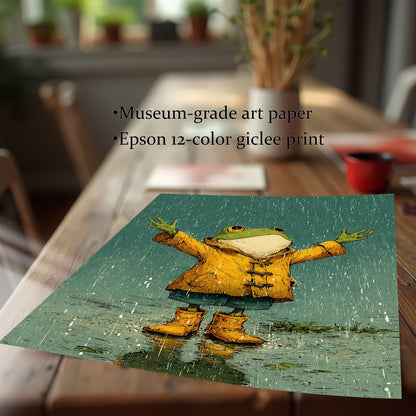 A square print of a cartoon-style frog painting lying on a wooden table with text describing the print quality: "Museum-grade art paper" and "Epson 12-color giclee print."