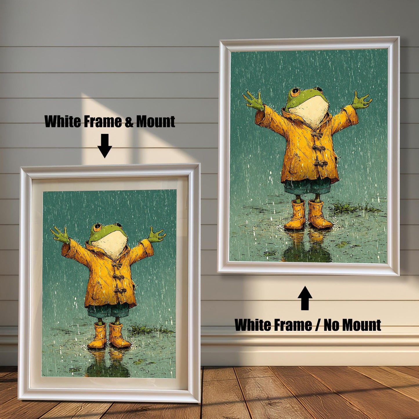 A side-by-side comparison of a cartoon-style frog painting. On the left, it's in a white frame with a mount. On the right, it's in the same frame without a mount.