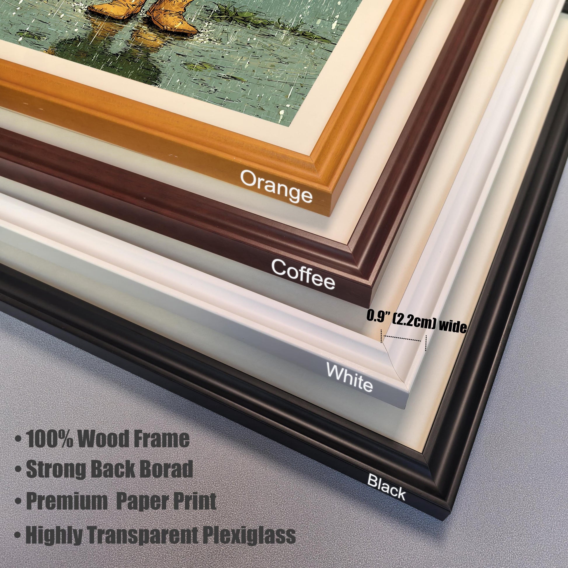 A close-up, angled view showing a stack of four different frame color options: orange, coffee (dark brown), white, and black.