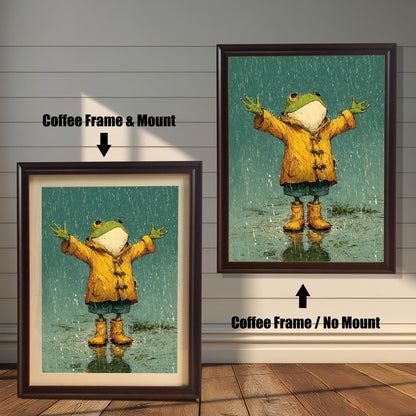 A side-by-side comparison of a cartoon-style frog painting. On the left, it's in a dark brown, "coffee" colored frame with a mount. On the right, it's in the same frame without a mount.