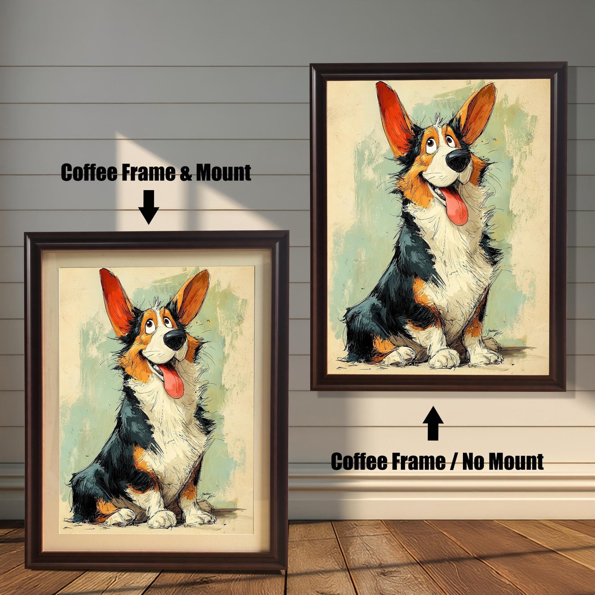 A side-by-side comparison of a cartoon-style Corgi painting. On the left, it's in a dark brown, "coffee" colored frame with a mount. On the right, it's in the same frame without a mount.