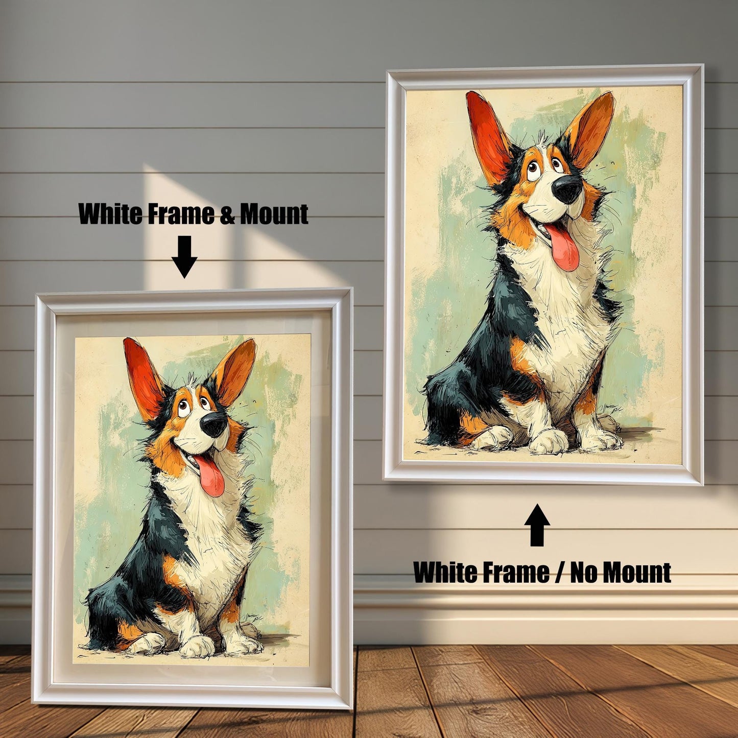 A side-by-side comparison of a cartoon-style Corgi painting. On the left, it's in a white frame with a mount. On the right, it's in the same frame without a mount.