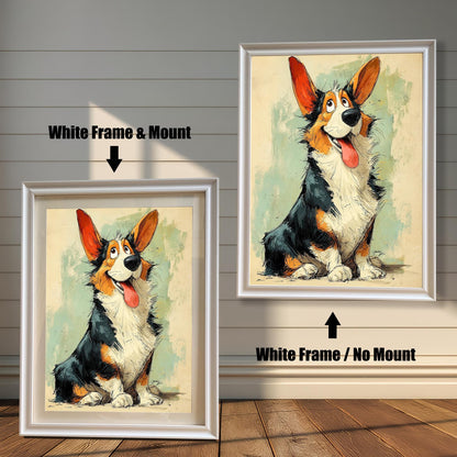 A side-by-side comparison of a cartoon-style Corgi painting. On the left, it's in a white frame with a mount. On the right, it's in the same frame without a mount.