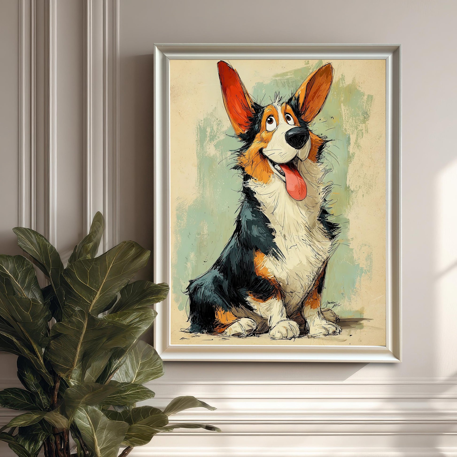 A cartoon-style painting of a fluffy black, white, and orange Corgi sitting, hung on a white wainscoting wall. It's in a simple, white frame.