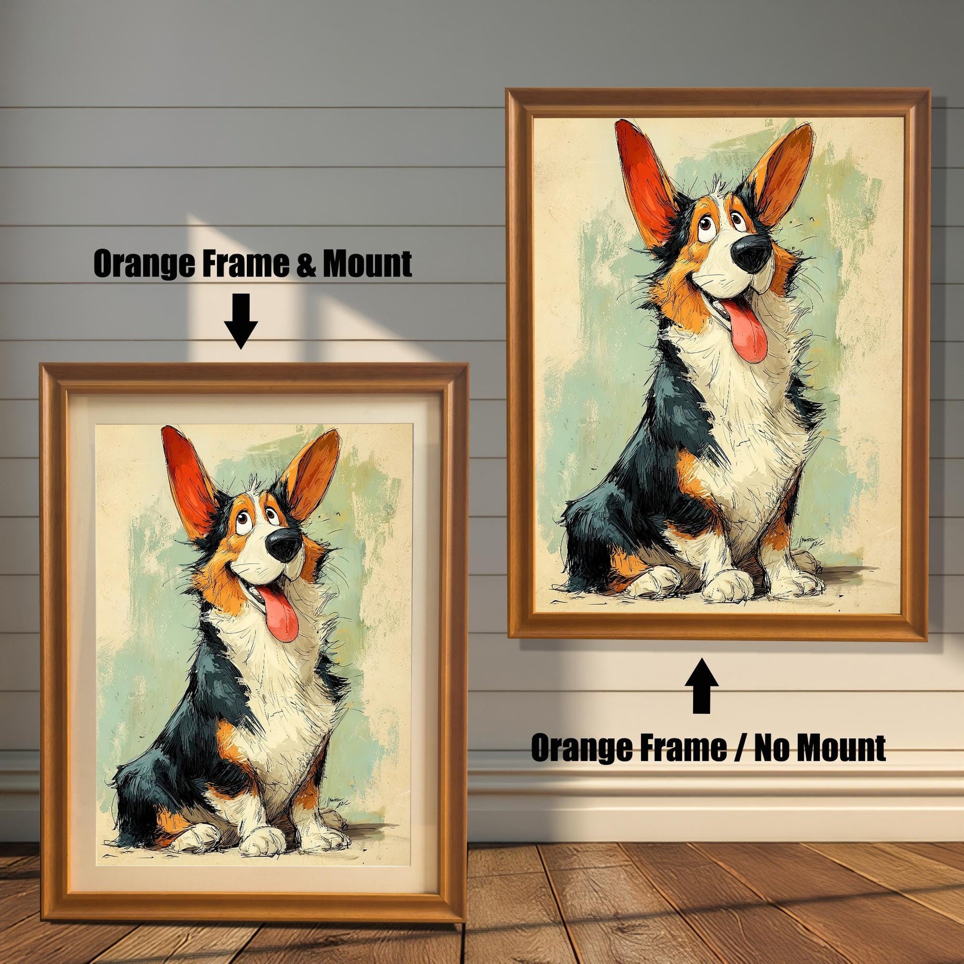 A side-by-side comparison of a cartoon-style Corgi painting. On the left, it's in an orange-brown frame with a mount. On the right, it's in the same frame without a mount.