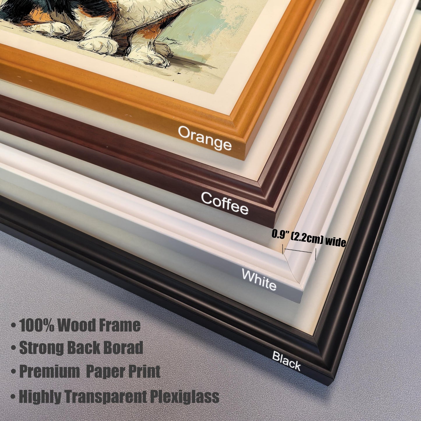A close-up, angled view showing a stack of four different frame color options: black, white, coffee (dark brown), and orange.