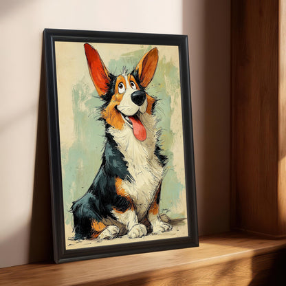 A framed cartoon-style Corgi painting in a black frame, propped up on a wooden windowsill.