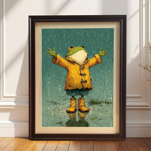 A cartoon-style painting of a happy frog in a yellow raincoat and boots, standing in the rain. The artwork is in a dark wood frame on a hardwood floor.