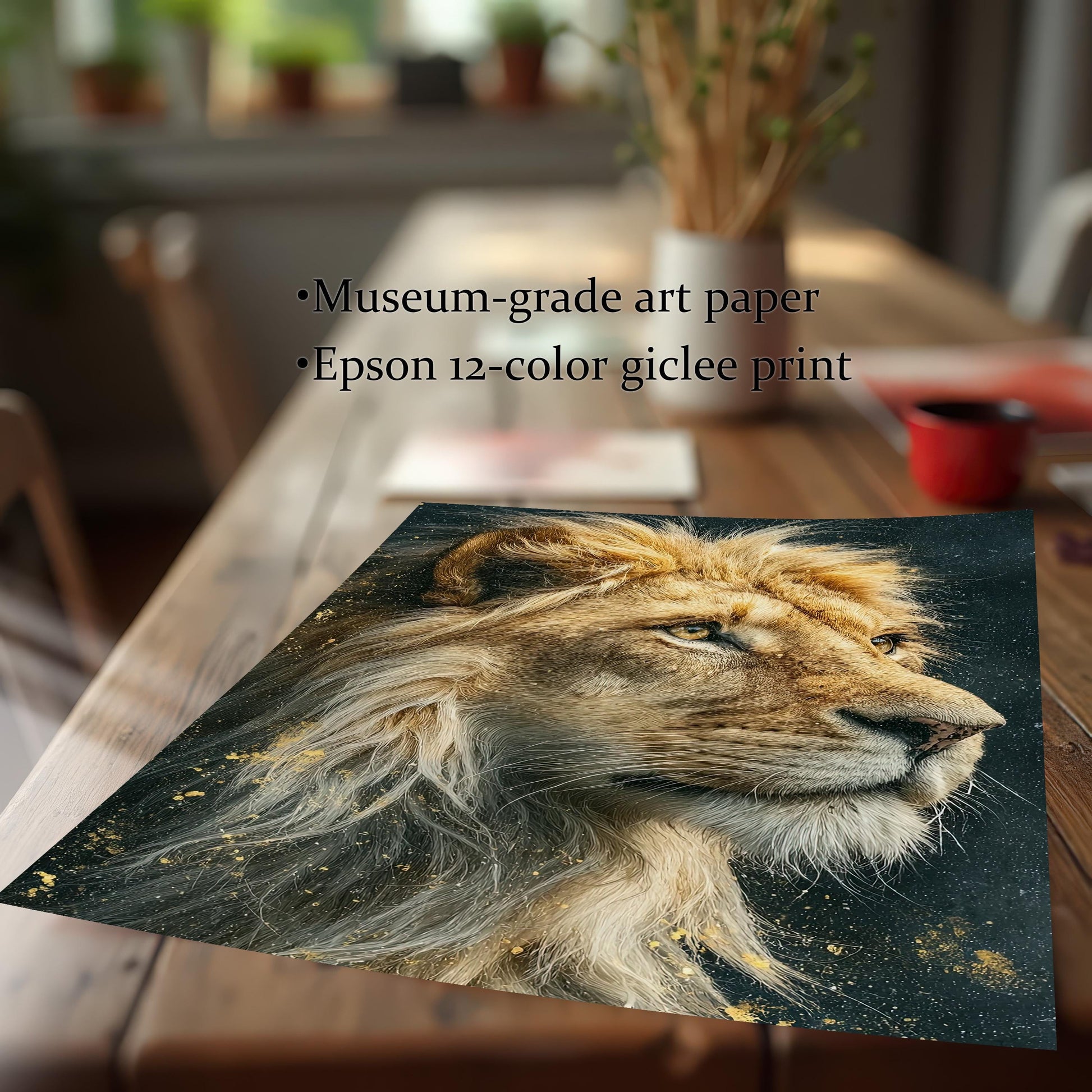 A close-up of the corner of a print of a lion painting, showcasing the paper quality. Text describes the product as "Museum-grade art paper" and an "Epson 12-color giclee print."