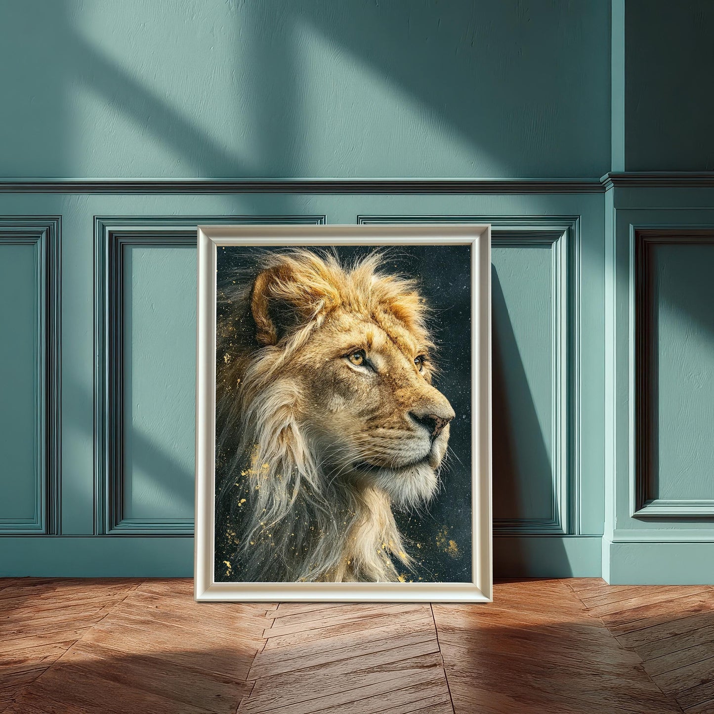A framed portrait of a lion's head with a flowing mane. The painting is in a white frame with a mat, leaning on a wooden floor against a teal wainscoted wall.
